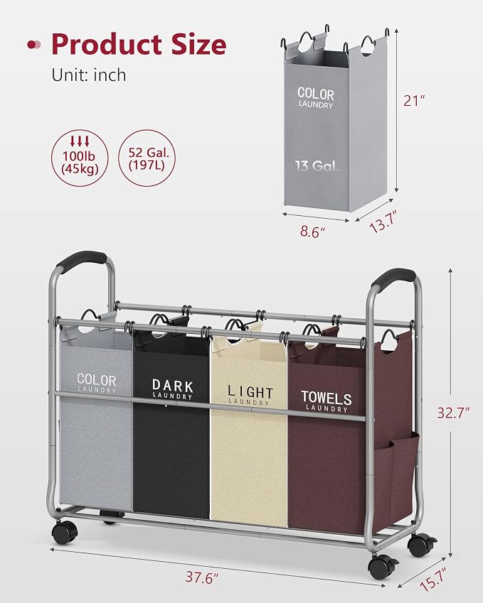 Tajsoon Laundry Sorter 4 Sections, Laundry Separator Hamper - Image 7