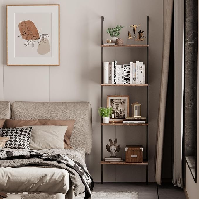 Ladder Shelf 4 Tiers Metal Industrial Bookshelf, Wall Mount Wide Book Case - Image 7