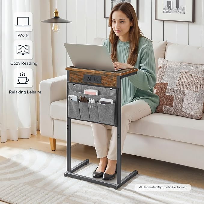 HOOBRO C Shaped End Table with Charging Station, Sofa Arm Tray Table with - Image 6