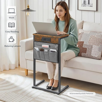 HOOBRO C Shaped End Table with Charging Station, Sofa Arm Tray Table with - Image 6