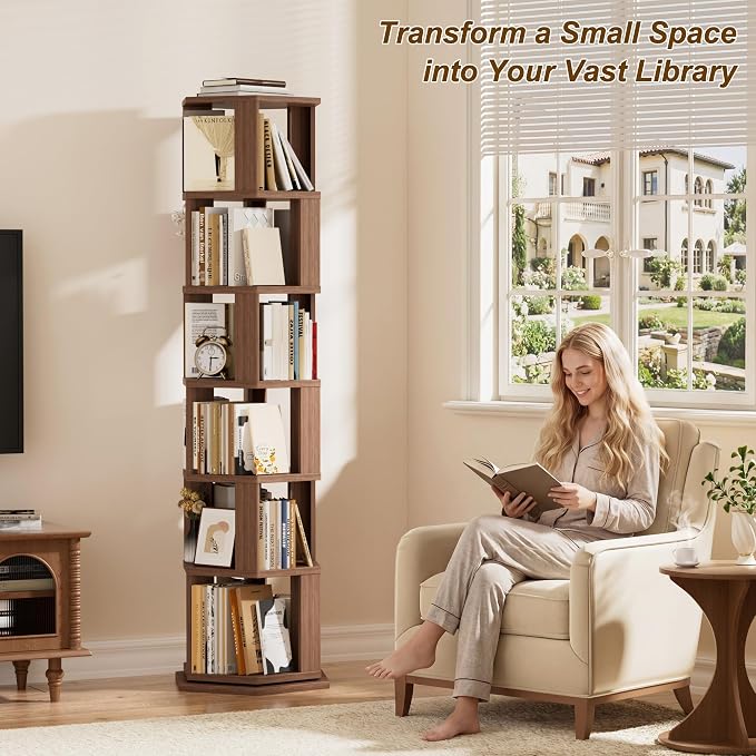 Rotating Bookshelf Tower, 6 Tier Solid Wood Spinning Rolling Book Shelf | - Image 2