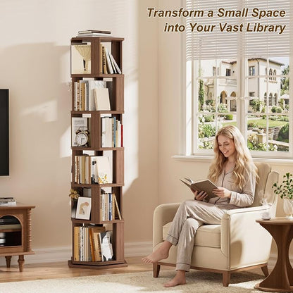 Rotating Bookshelf Tower, 6 Tier Solid Wood Spinning Rolling Book Shelf | - Image 2