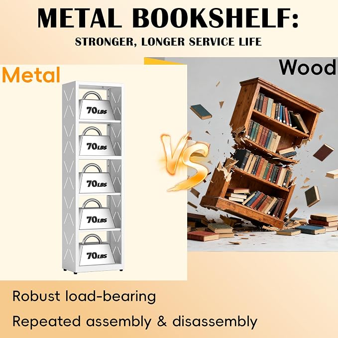 Narrow Bookshelf, 5 Tier Bookcase, Home Office Bookcase Shelf Storage Organizer - Image 6