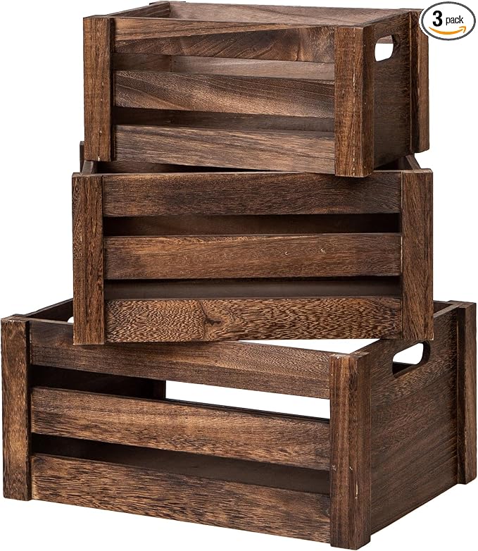 Set of 3 Nesting Wooden Crates, Small Rustic Farmhouse Wood Storage Boxes by Unknown