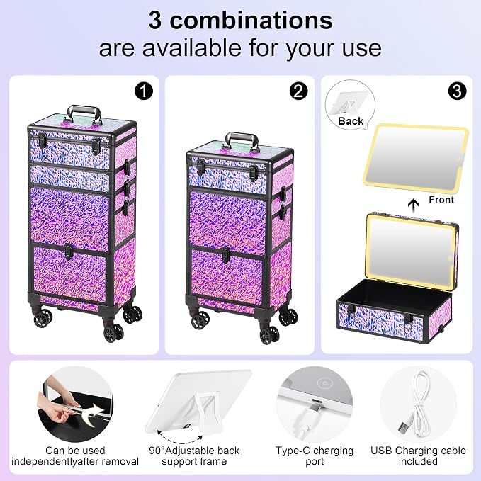 Rolling Makeup Case with Lighted Mirror, Makeup Train Case with Large Drawer - Image 2