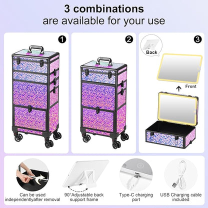 Rolling Makeup Case with Lighted Mirror, Makeup Train Case with Large Drawer - Image 2