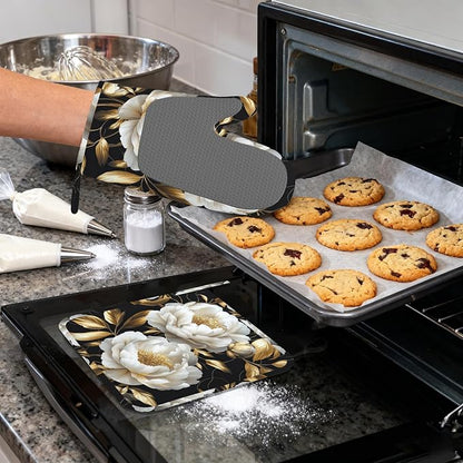 White Flowers Oven Mitts and Pot Holders, Glitter Blooming Heat Resistant - Image 4