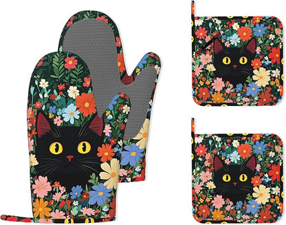 Funny Black Cat Heat-Resistant Silicone Oven Mitts and Pot Holders 4 Piece Set by Unknown