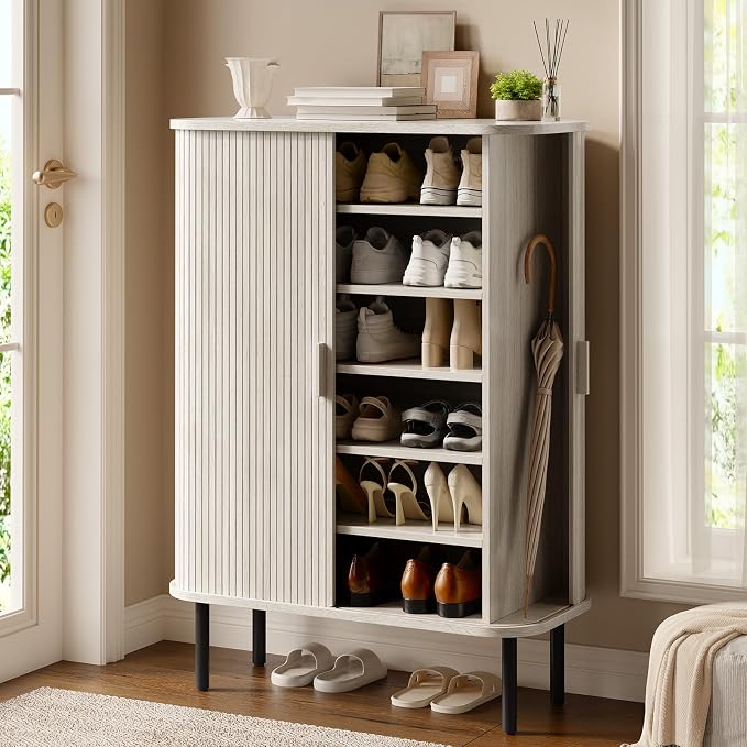 6-Tier Shoe Cabinet with Sliding Door, Wooden Shoe Storage Cabinet with by ONBRILL