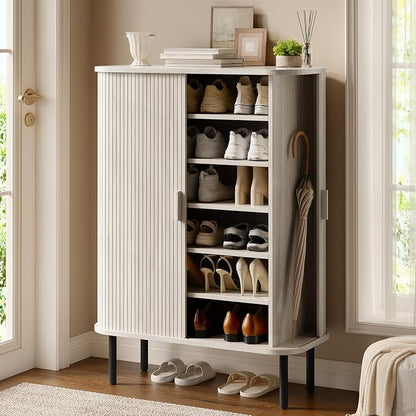 6-Tier Shoe Cabinet with Sliding Door, Wooden Shoe Storage Cabinet with by ONBRILL