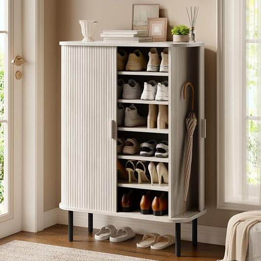 6-Tier Shoe Cabinet with Sliding Door, Wooden Shoe Storage Cabinet with by ONBRILL