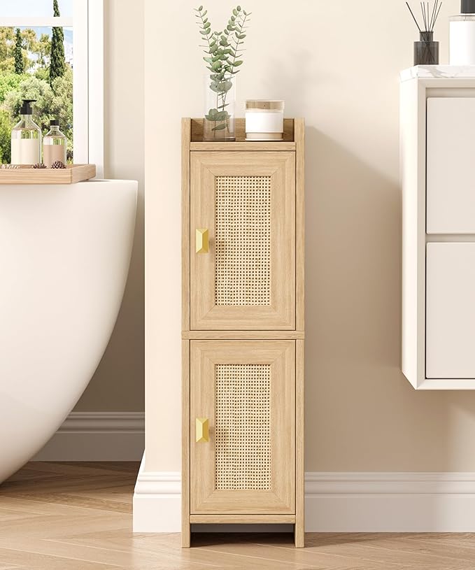 Akxomel Rattan Small Bathroom Cabinet Narrow Toilet Paper Organizer Oak | by Akxomel