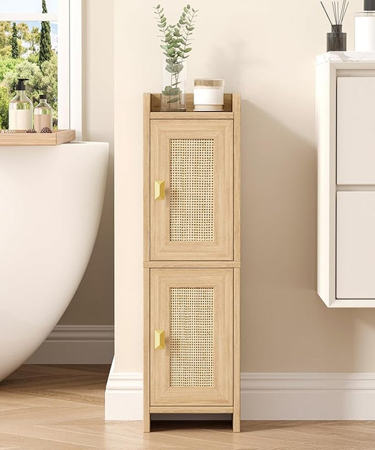 Akxomel Rattan Small Bathroom Cabinet Narrow Toilet Paper Organizer Oak | by Akxomel