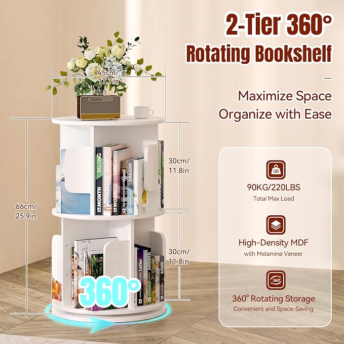 2-Tier 360° Rotating Bookshelf, Round Floor Standing Bookcase - Image 2