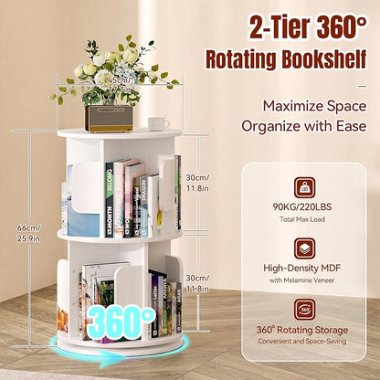 2-Tier 360° Rotating Bookshelf, Round Floor Standing Bookcase - Image 2