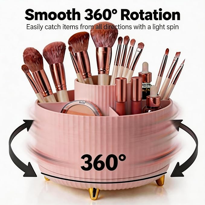 360 Rotating Makeup Brush Holder Organizer, 5-Slot Pink Spinning Cup - Image 3