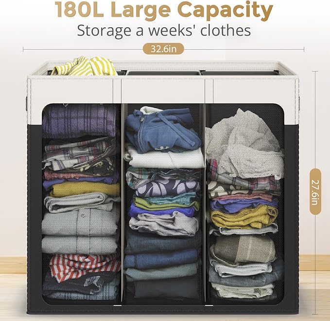 180L Laundry Hamper 3 Section, Large Laundry Basket - Image 7