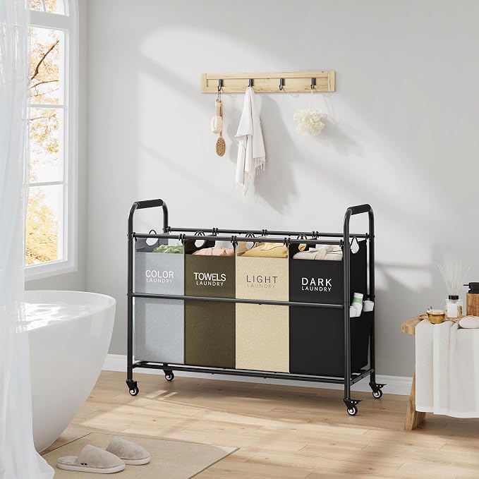 Tajsoon 4 Bag Laundry Sorter Cart, 4 Section Laundry Hamper Sorter - Image 8