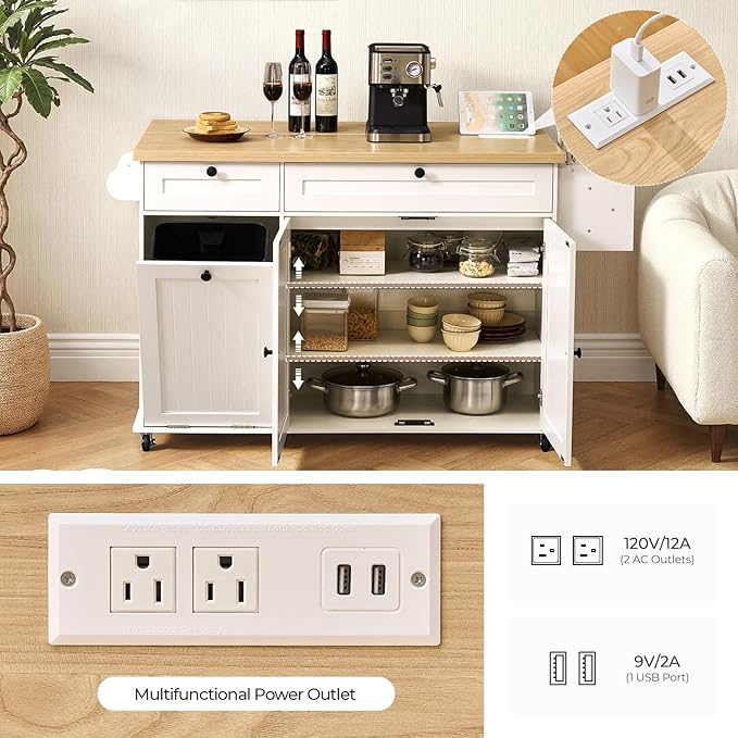 60.2" Kitchen Islands with Storage, Kitchen Island Cart with Trash Can Storage - Image 5