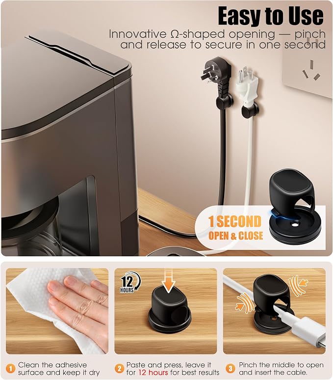 8 Pack Cord Organizer, Ω-Shaped Rotatable Cable Clips, Strong Adhesive Cable - Image 3