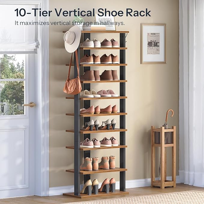 HOOBRO 10 Tiers Vertical Shoe Rack, Wooden Shoe Storage Organizer - Image 4