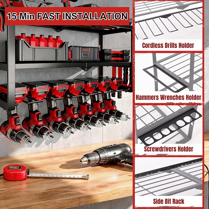 Power Tool Organizer Wall Mount, 150Lbs 3 Layer Metal Tool Storage Rack - Image 4