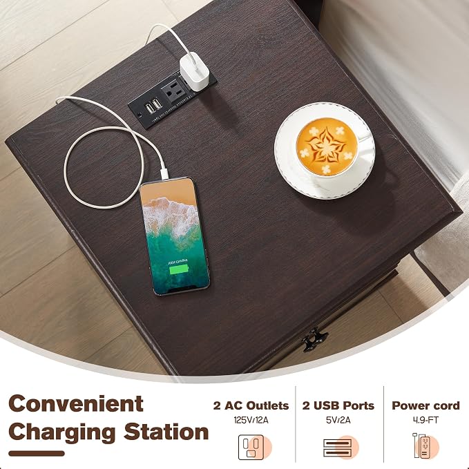T4TREAM Nightstand with Charging Station, 18 Inch Vintage End Table with 2 - Image 3