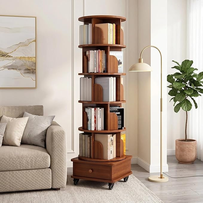 6-Tier Rotating Bookshelf with Storage Cabinet, Walnut Brown | Wood Construction by JvFunOfficialStore