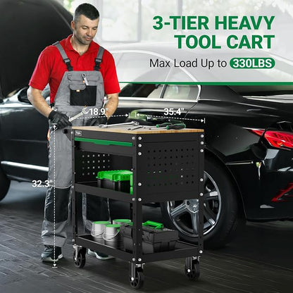 Rolling Tool Cart, 3-Tier Workshop Storage, Heavy-Duty Wheels, 330LB Load - Image 2