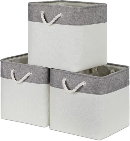 Bidtakay Fabric White Baskets for Shelves Set of 3 Cube Storage Large Organizer by BidtakayBaskets