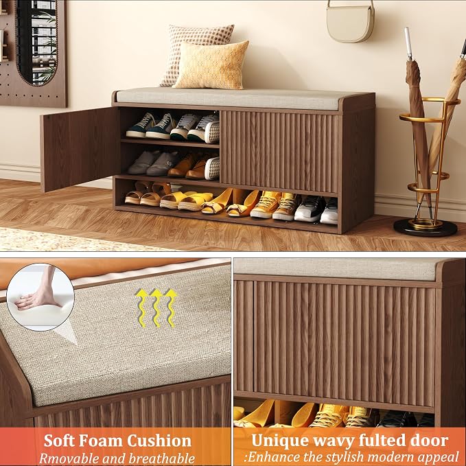 HOMEFORT 39.4" Fluted Shoe Storage Bench, Entryway Bench - Image 6