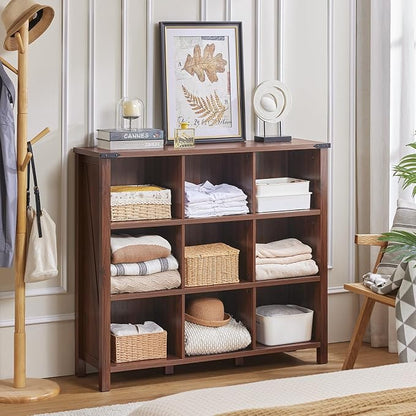 9 Cube Bookcase, Farmhouse 47 Inch Wide Brown Walnut Bookshelf, Wooden 3 Tier - Image 9