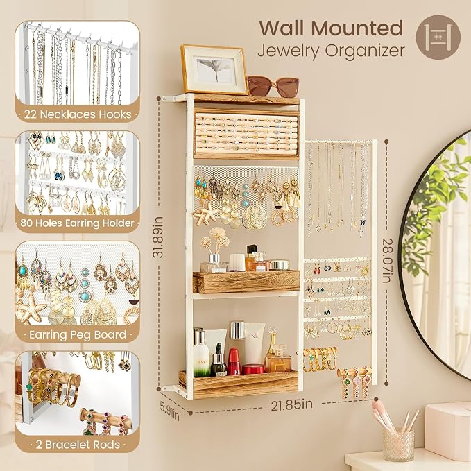 Pinzoveco Hanging Jewelry Organizer Wall Mounted, Large Hanging Jewelry - Image 2