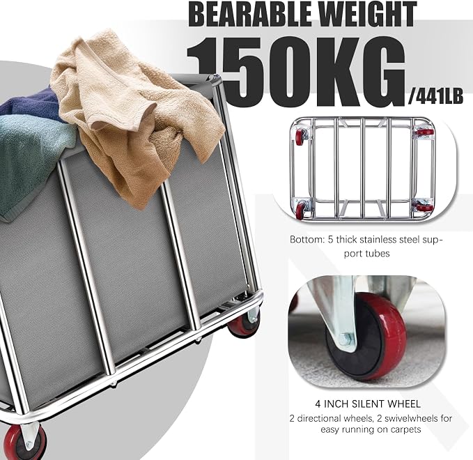 Commercial Laundry Cart on Wheels, 11.35 Bushels Large Roller - Image 3
