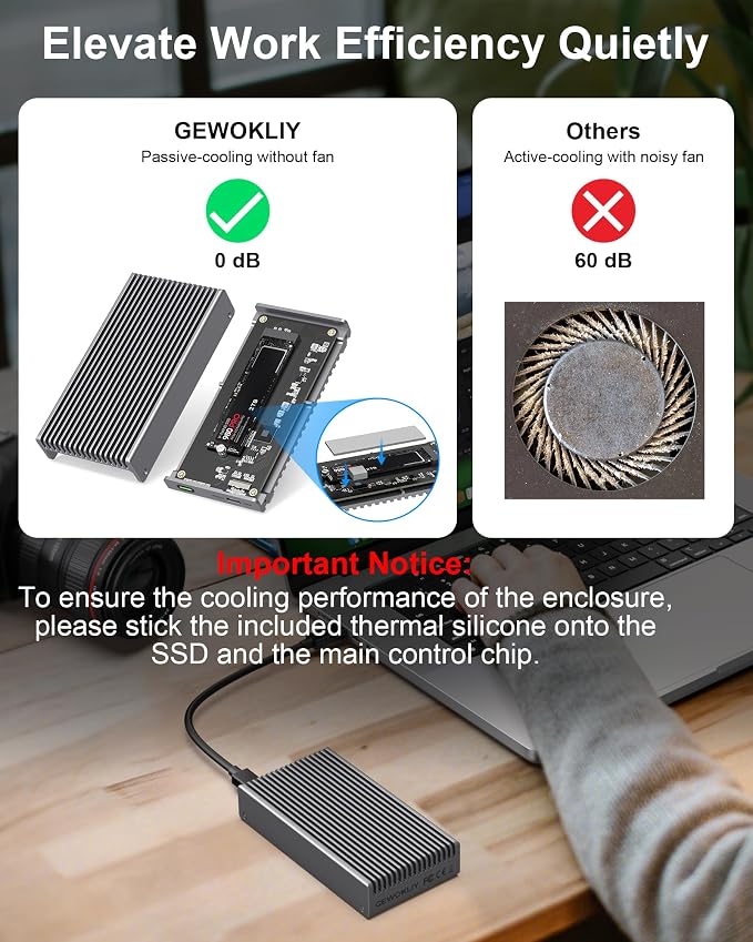 Noiseless 40Gbps M.2 NVMe Enclosure, USB C Aluminum External SSD Enclosure - Image 3
