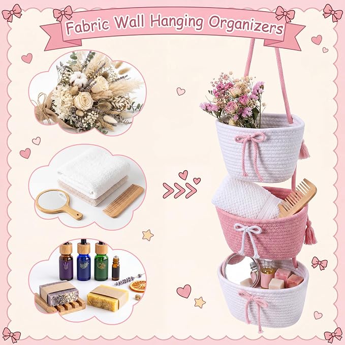 3-Tier Hanging Wall Basket Wall Mounted Woven Basket - Image 3