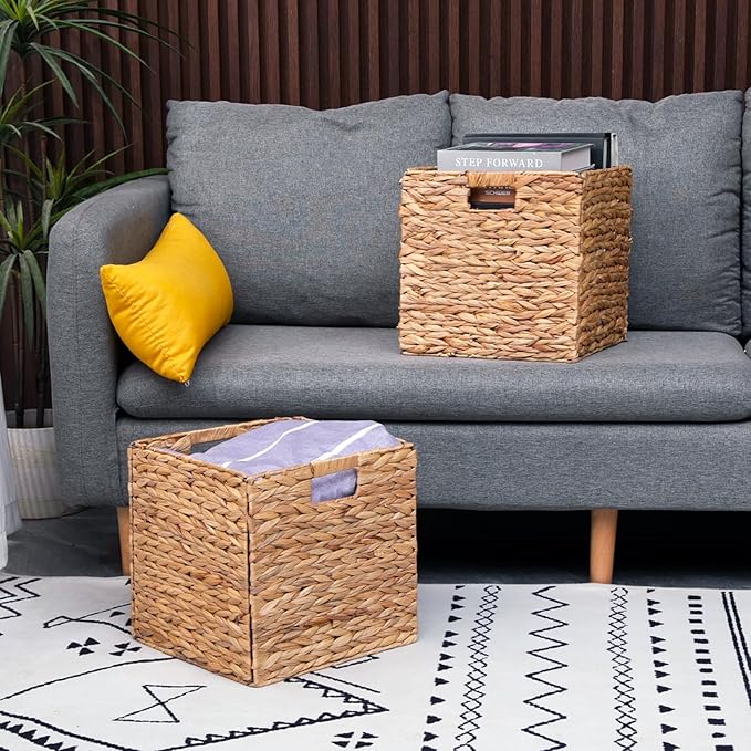 12x12x12 Inch Wicker Storage Basket Set of 2 Foldable Hyacinth Storage Box | - Image 3