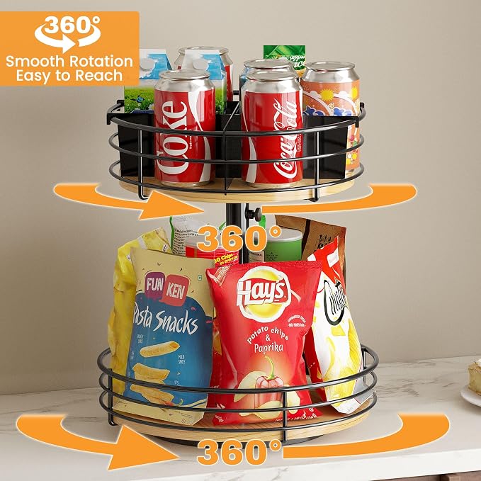 2 Tier Lazy Susan Snack Organizer, Adjustable Height, Wood Rotating Spice Rack - Image 2