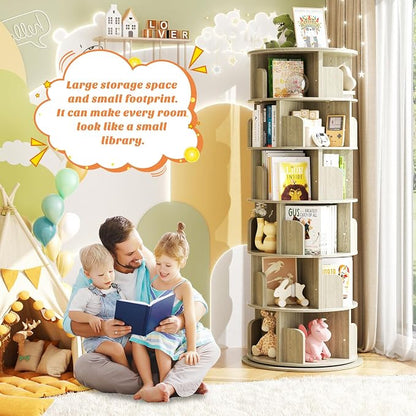 Aheaplus 6 Tier Rotating Bookshelf, Wood Spinning Bookshelf Tower, Round - Image 3