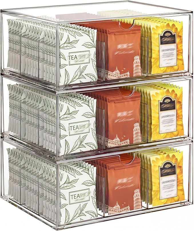 3 Pack Clear Tea Bag Organizer Drawer, Stackable Tea Storage Chest by Jywantful