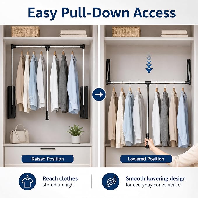 Pull Down Closet Rod 35-48 Inch Adjustable, Heavy Duty Metal Closet Hanging Rod - Image 3