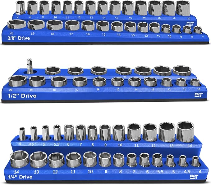 Magnetic Socket Organizer Set -3 Piece Metric Magnetic Socket Holder Set Blue by BauenTools