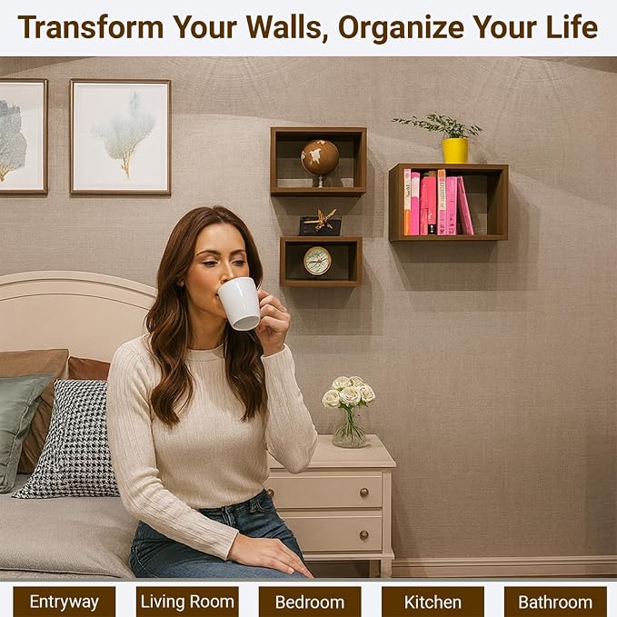 Premium Black Walnut Floating Cube Shelves, Eco-Friendly Wood Box-Style Wall - Image 4