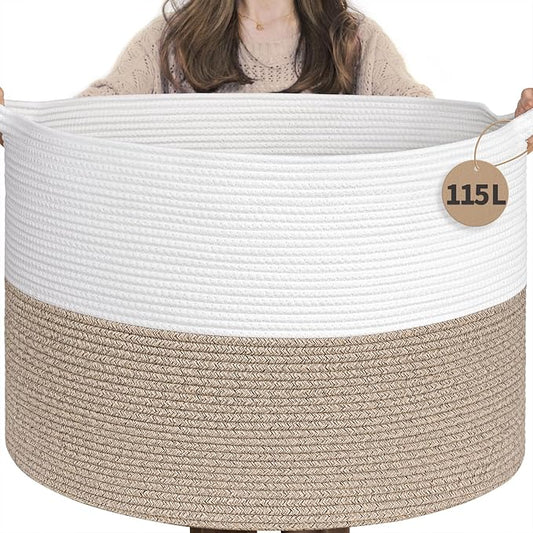 INDRESSME 115L Extra Large Blanket Basket, Soft Cotton Rope Storage Baskets by INDRESSME