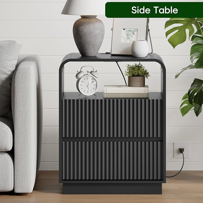 Black Nightstand with Charging Station, Mid Century Modern Bedside Table & End - Image 5