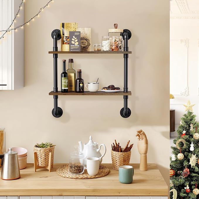 Merapi 24" Industrial Pipe Shelves Wall Mounted, 2 Tier Rustic Floating Shelves - Image 2