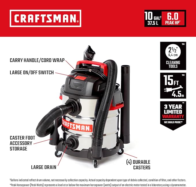 CRAFTSMAN CMXEVBE17155 10 Gallon 6.0 Peak HP Stainless Steel Wet Dry Vac - Image 2