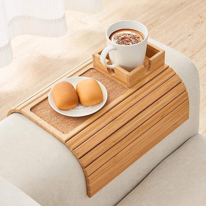 Bamboo Couch Cup Holder, Foldable Sofa Arm Tray, Anti-Slip Couch Aremrest Tray by LOVYANXUE