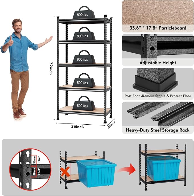 WORKPRO 5-Tier Metal Storage Shelving Unit, 36”W x 18”D x 72”H, Adjustable - Image 3