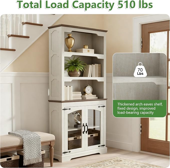 70 Inch Farmhouse Bookcase, Distressed White and Walnut Two-Tone Shelves - Image 6